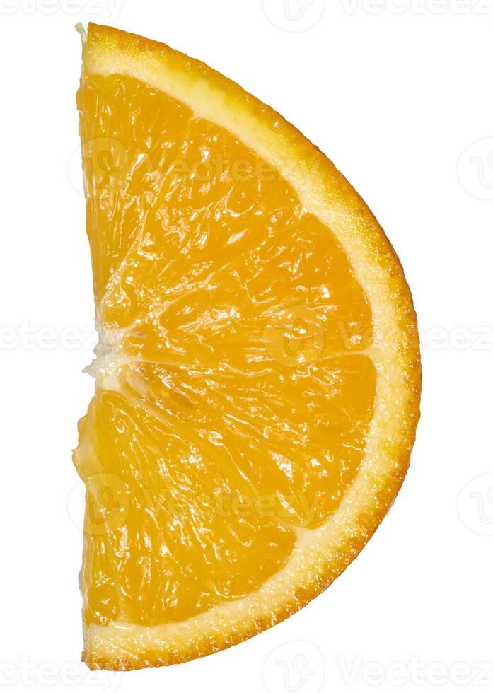 A slice of bright orange orange with visible segments of pulp and thin peel. Close-up of a citrus slice on an isolated background photo