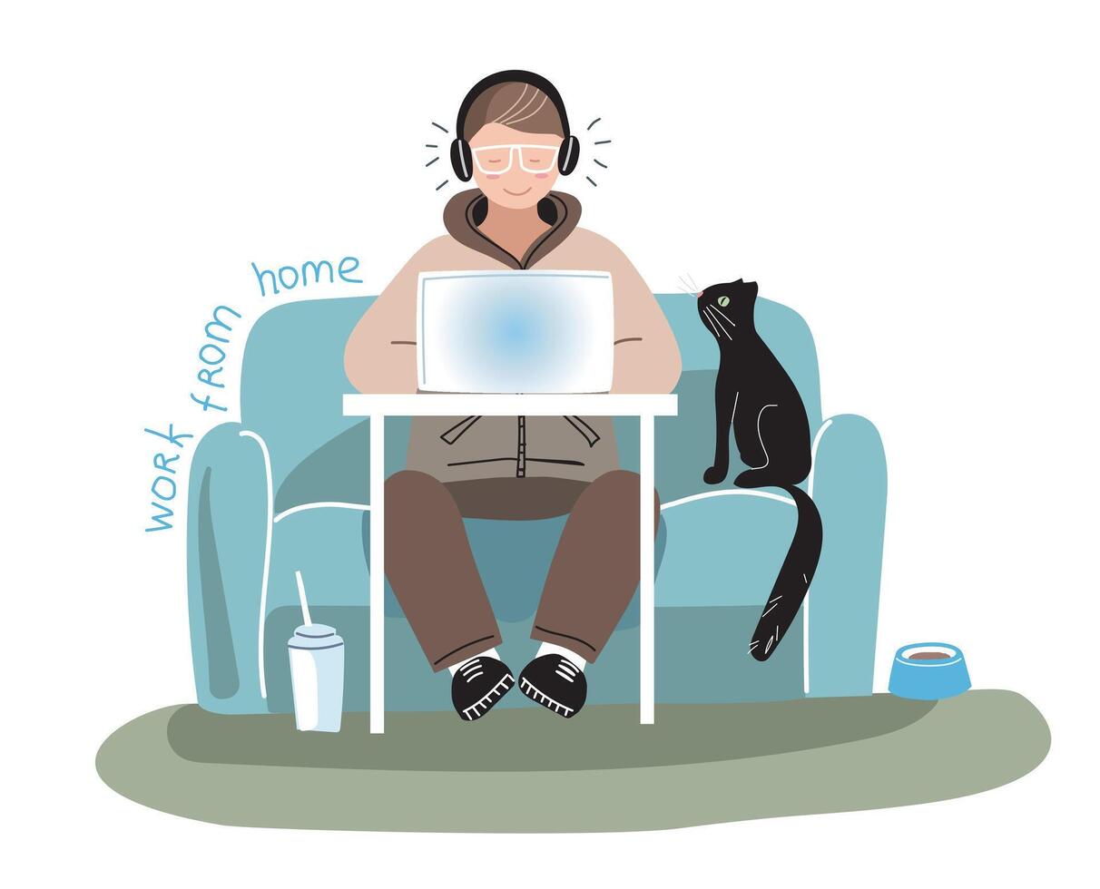 Man working on the laptop with his cat vector