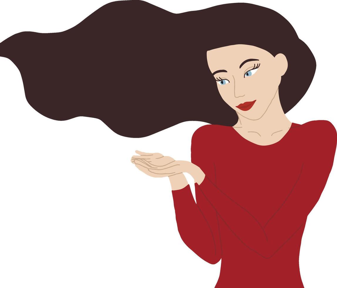 Woman with brown hairs stand with her arms extended and bent. Palms up. She looks at her hands or keep something, Concept illustration vector