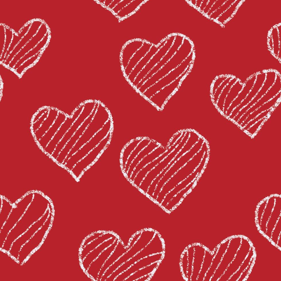 Hearts with diagonal stripes, waves. seamless pattern hand drawn. White chalk doodle symbols on red. vector