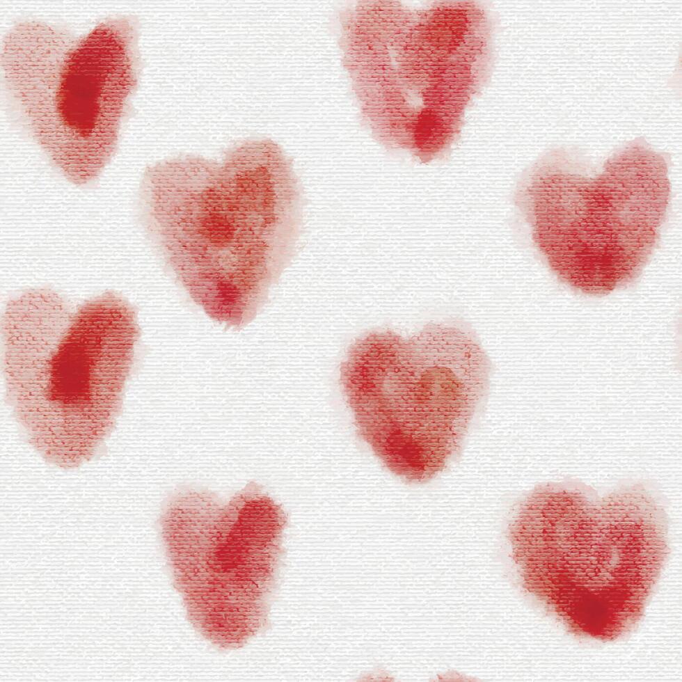 Hearts polka dot seamless pattern hand drawn on fabric texture. Red watercolor doodle symbols on white. vector