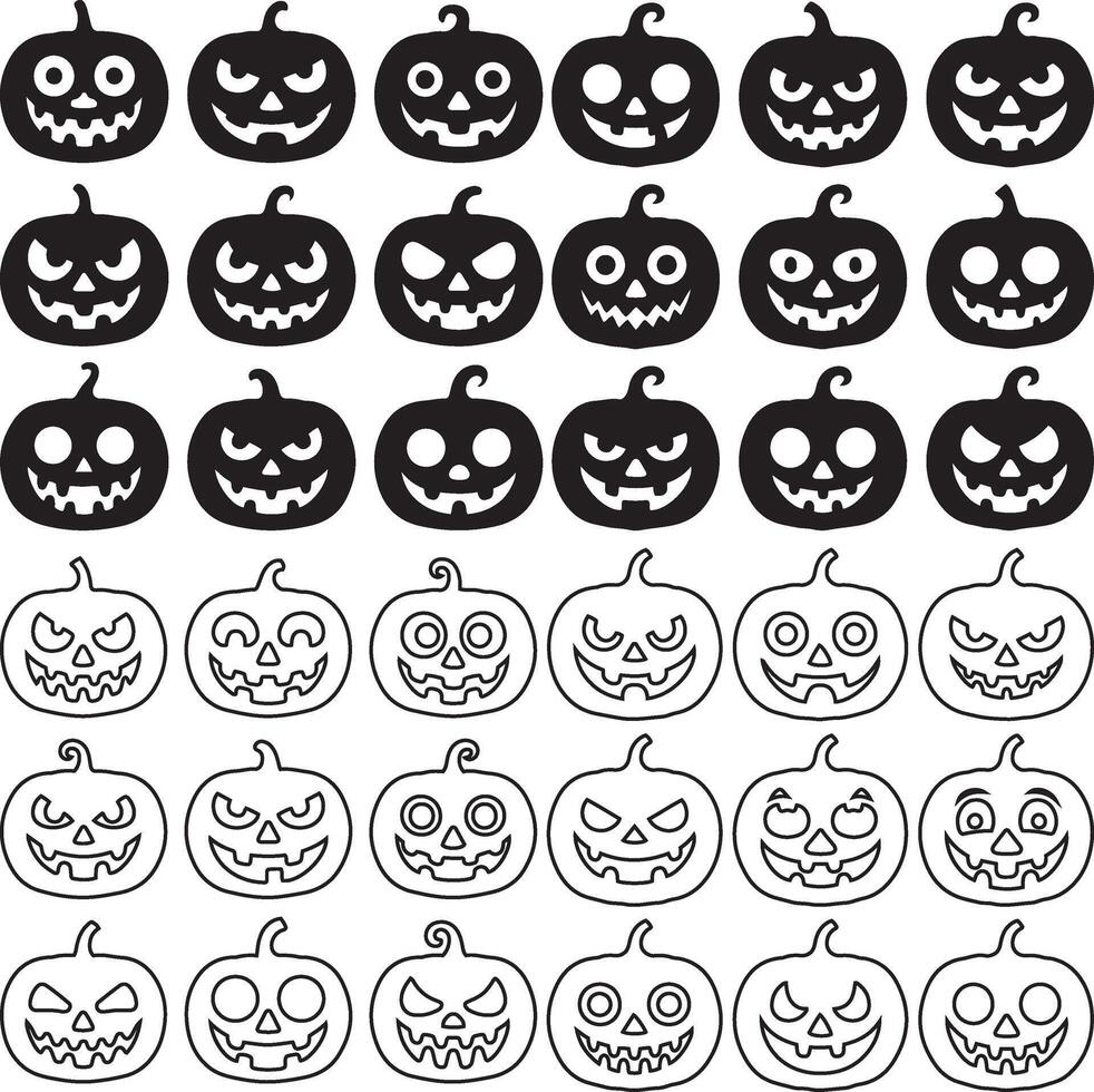 Collection of halloween pumpkin jack-o'-lanterns with different spooky and cute faces, isolated on a white background for easy use in designs. vector