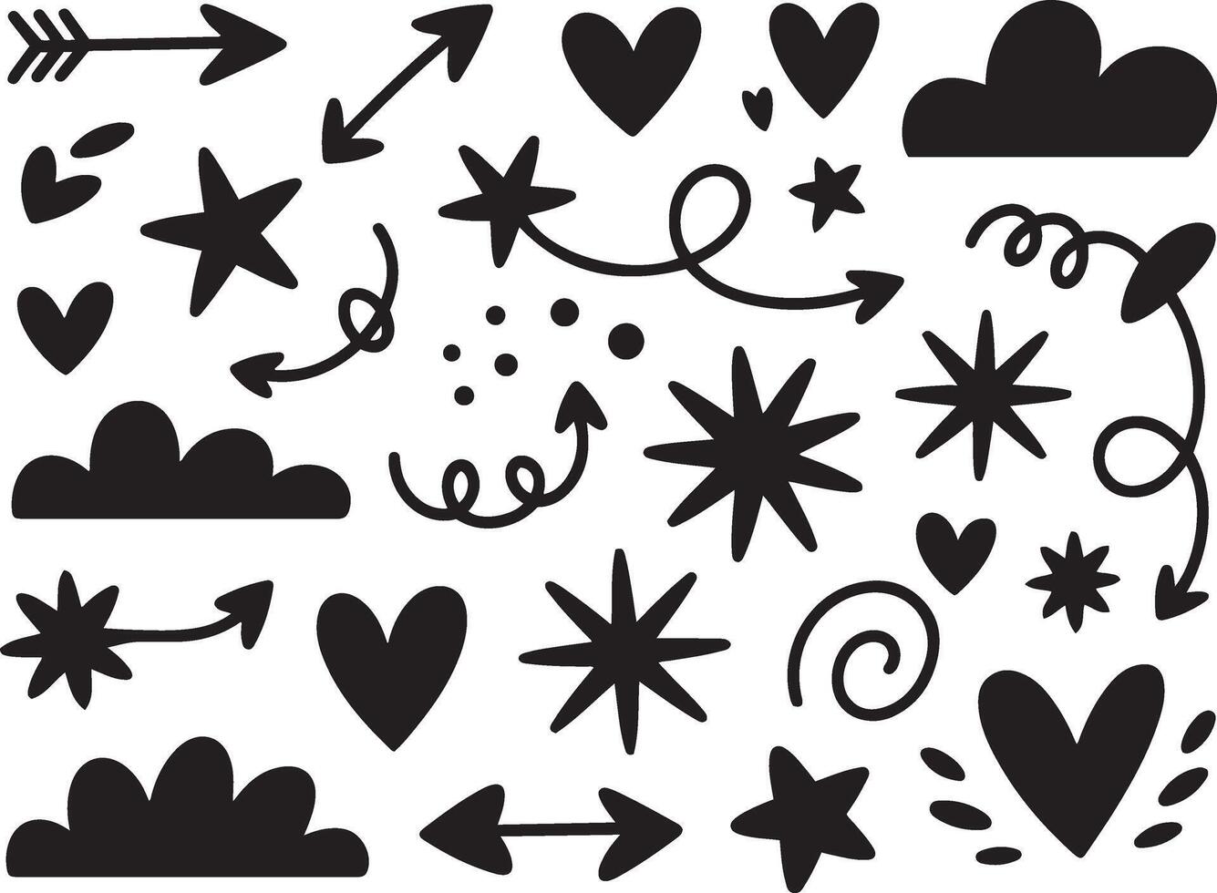 Collection of hand drawn hearts, stars, arrows, and clouds isolated on white vector