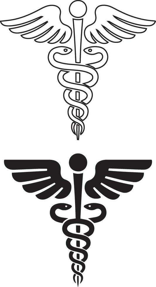 Medical Caduceus and Rod of Asclepius symbols silhouette, black outline and filled health icons set vector