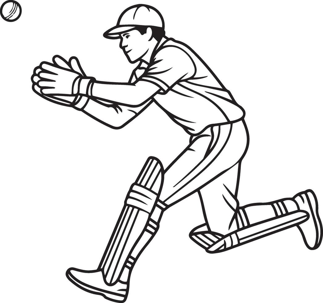 Black and white line art illustration of a cricket wicket keeper in a full athletic stance, mid-action catching a ball. vector