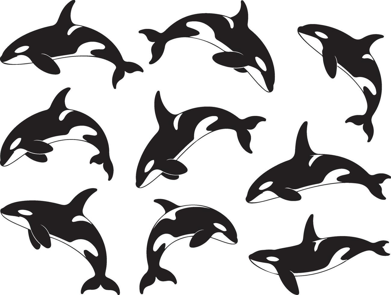 Collection of orca whale silhouettes isolated on white background in black vector