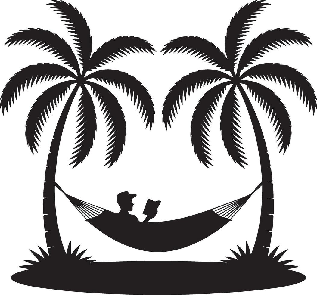 A man relaxes in a hammock between two palm trees on a tropical island vector