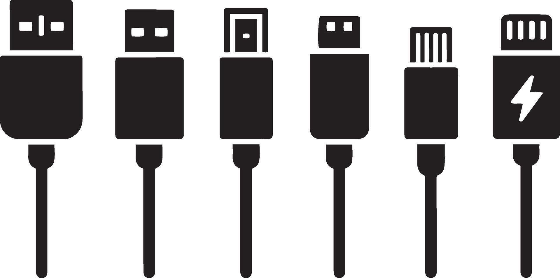 Collection of diverse USB cable connector types black silhouette technology icons set vector