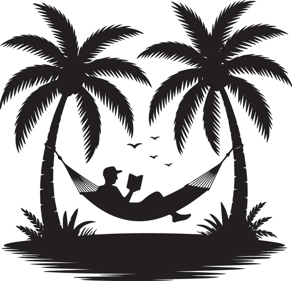 Man relaxing in a hammock between two palm trees on a tropical beach, reading a book vector