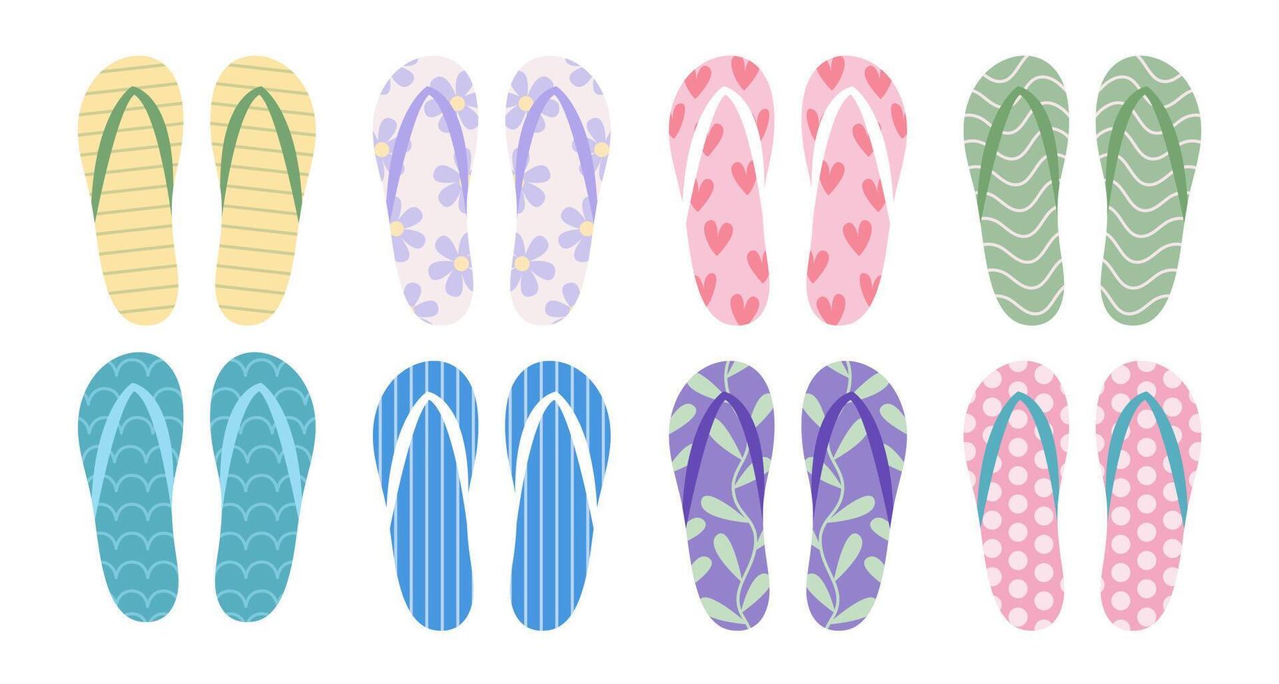 Summer flip flops flat set. Different beach slippers top view set vector