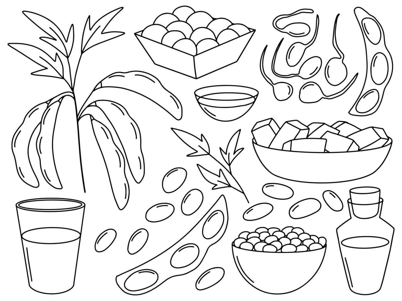Soy bean sketch set. Hand drawn soybean and soy products set vector