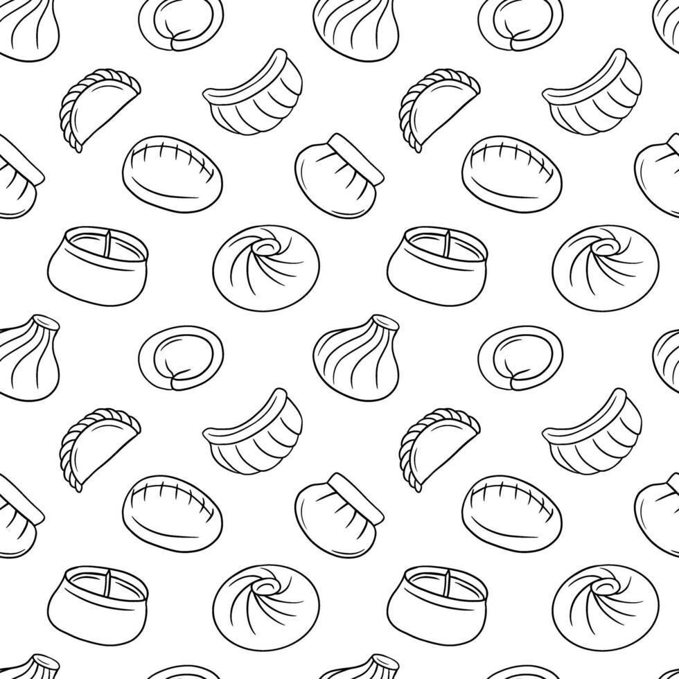 Dough dishes hand drawn seamless pattern. Pelmeni, ravioli, khinkali, vareniki and manti in sketch style on white background vector