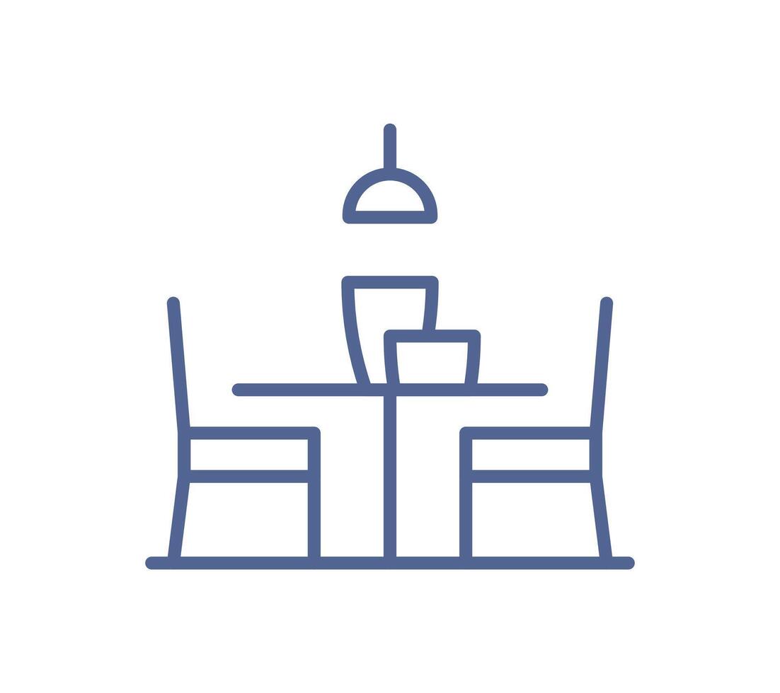 Dining table icon, minimal furniture symbol, empty restaurant setting, chair and lamp outline, cafe interior element, simple seat layout, line drawing decor flat illustration. vector