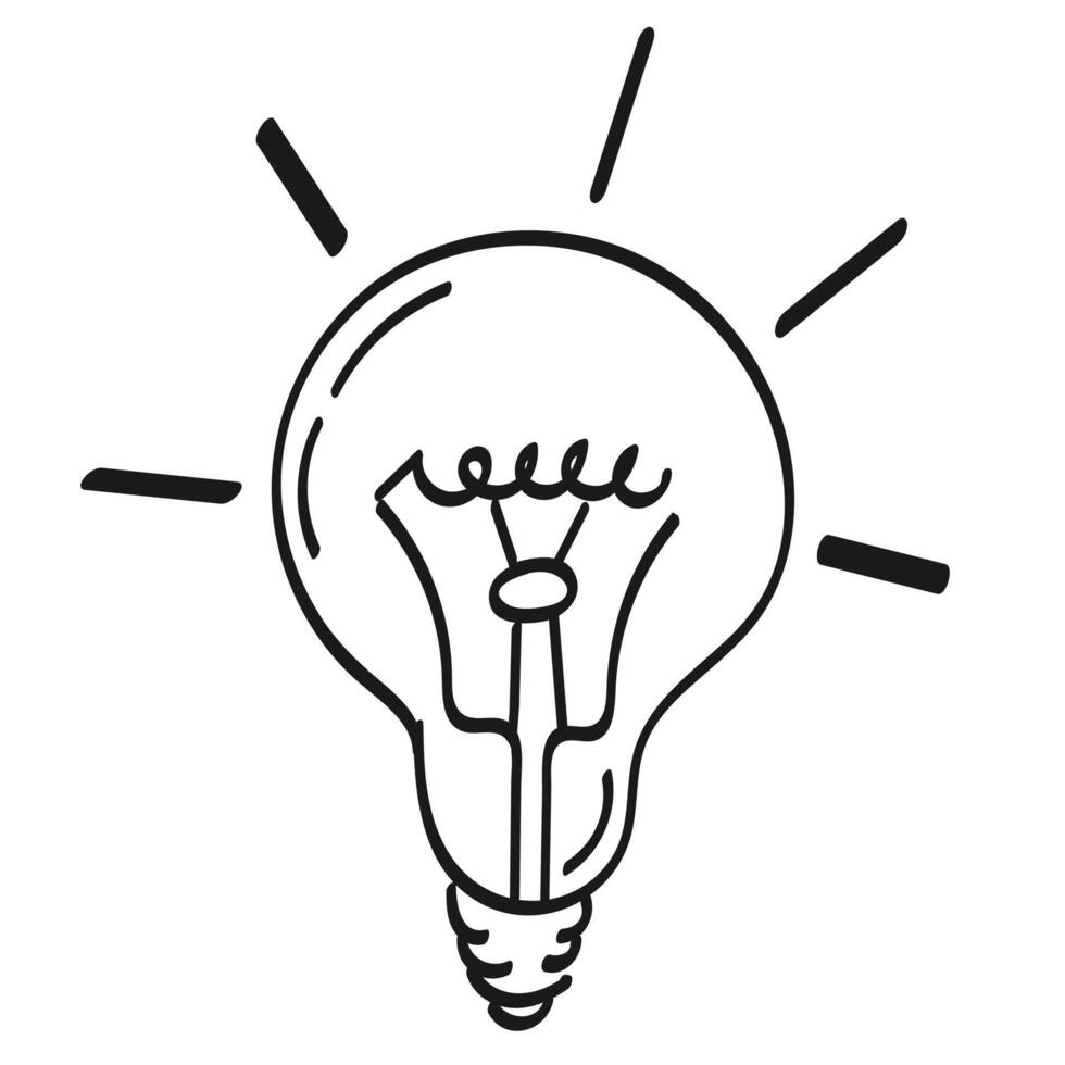 A light bulb with rays of light, a conceptual symbol of an idea. Contour, abstract drawing by hand, doodle. Black on white background, . vector