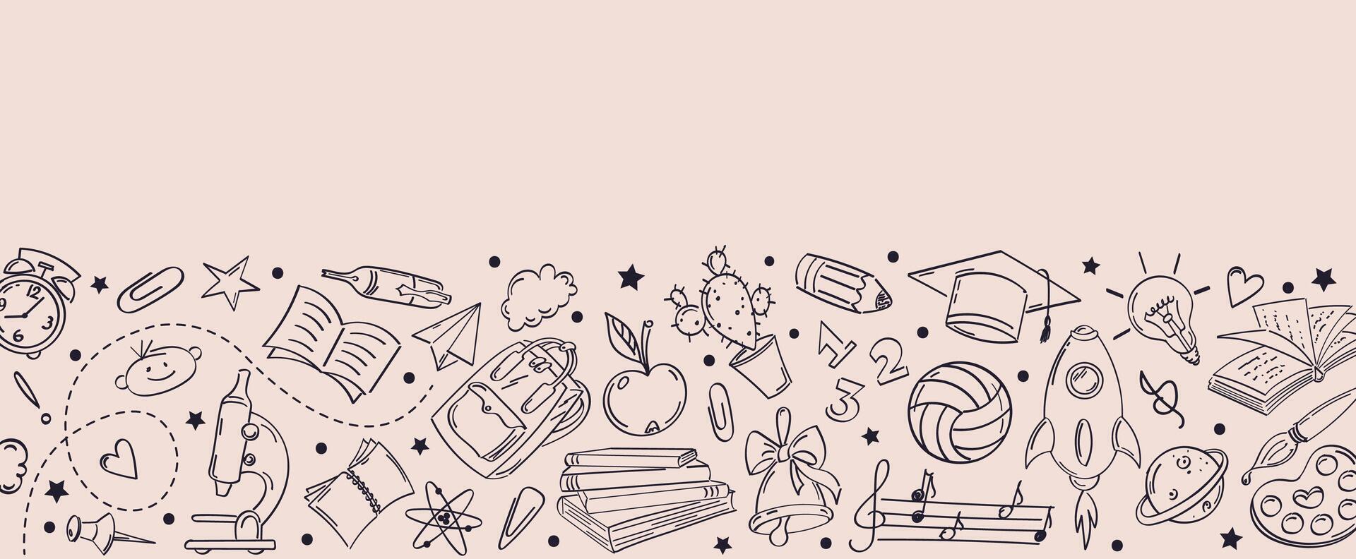 Horizontal banner with contour patterns, back to school. Conceptual symbols of education drawn in doodle style. vector