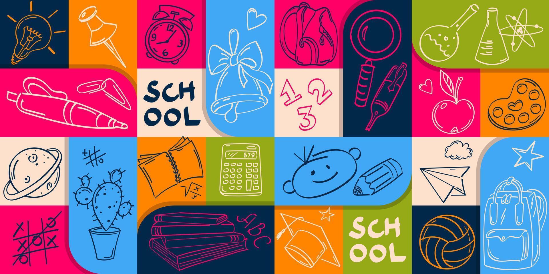 Geometric seamless pattern with pictograms on the theme of education. Ideal for covers, wrapping paper, backgrounds. vector