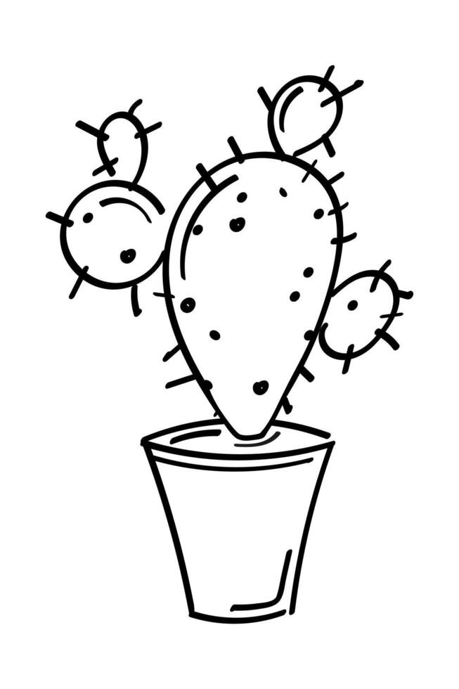 Cactus in a flower pot. Contour, abstract drawing by hand, doodle. Black on white background, . vector
