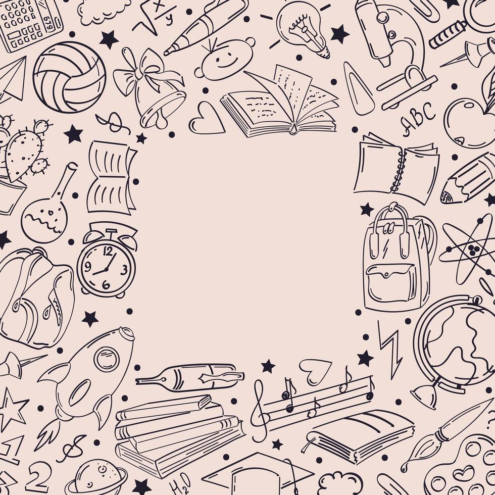 Frame with doodle drawings on the topic of education. Square background, monochrome colors, copy space. vector