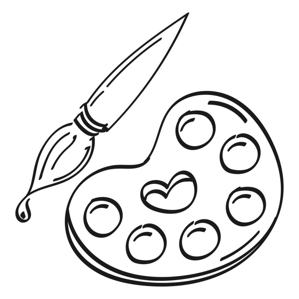 Paint palette and brush. Contour, abstract drawing by hand, doodle. Black on white background, . vector