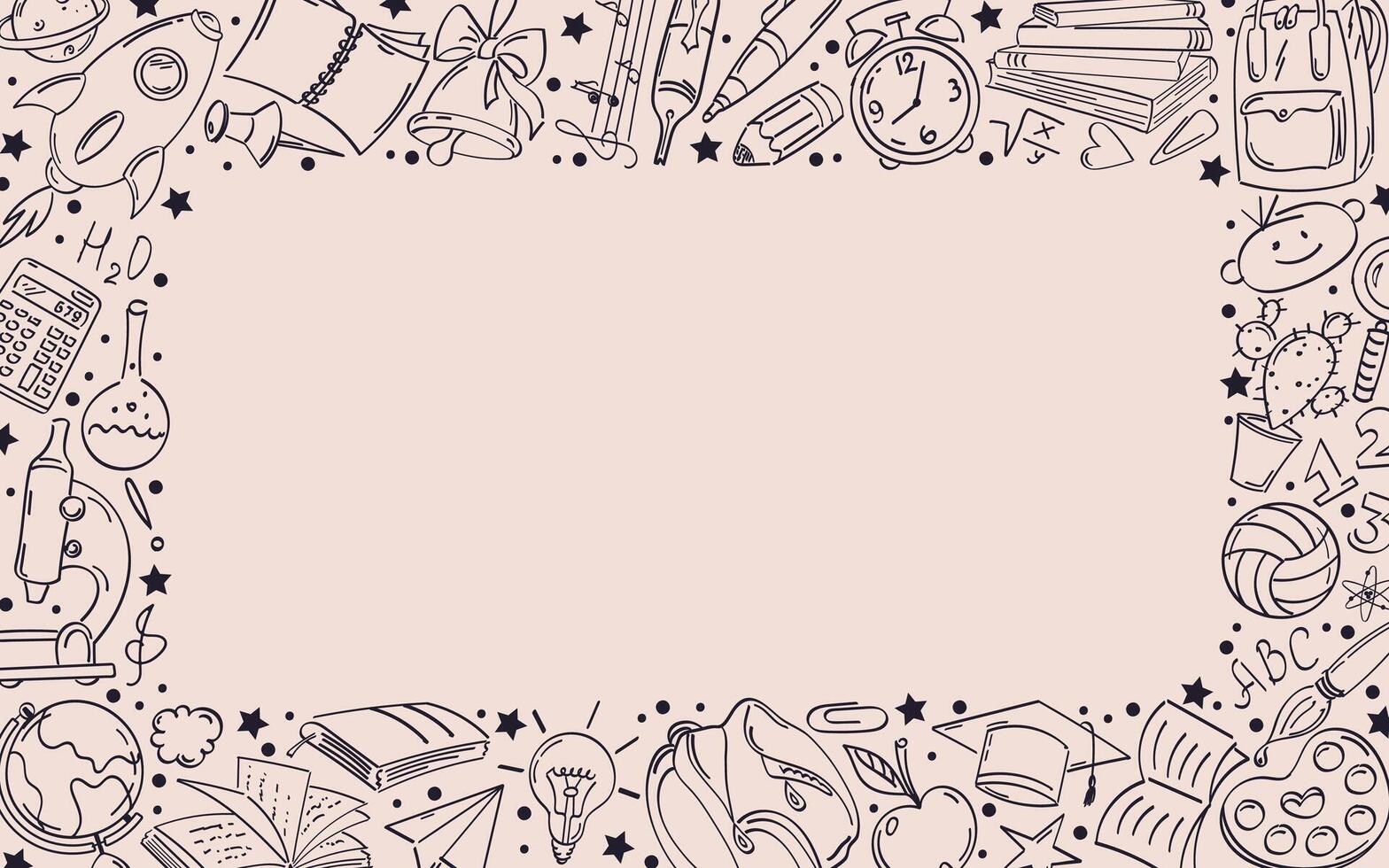 Frame with doodle drawings on the topic of education. Horizontal, monochrome colors, copy space. vector