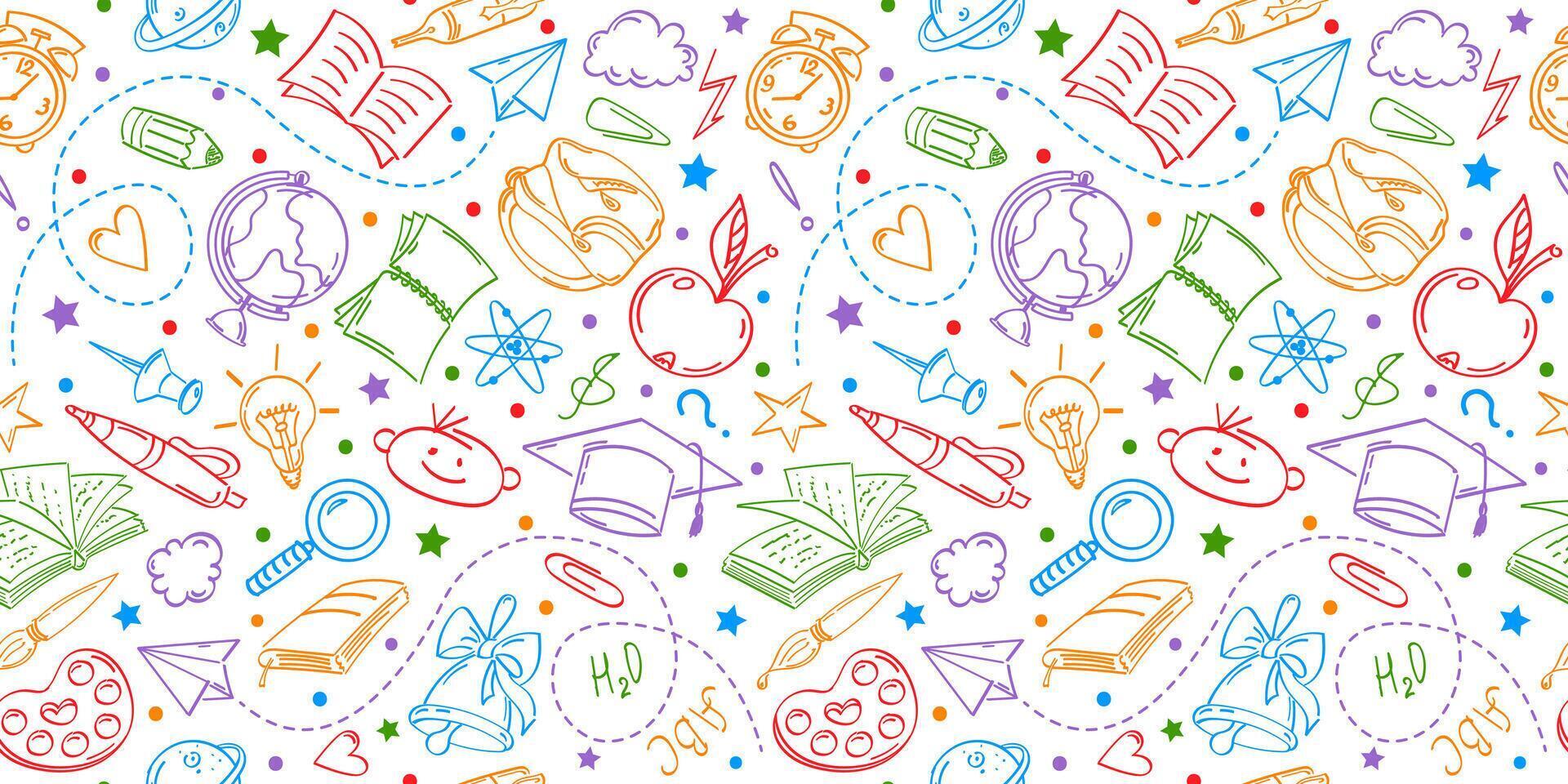 Seamless pattern with conceptual pictograms on the theme of education, contour drawings by hand. Suitable for covers, wrapping paper, backgrounds. vector