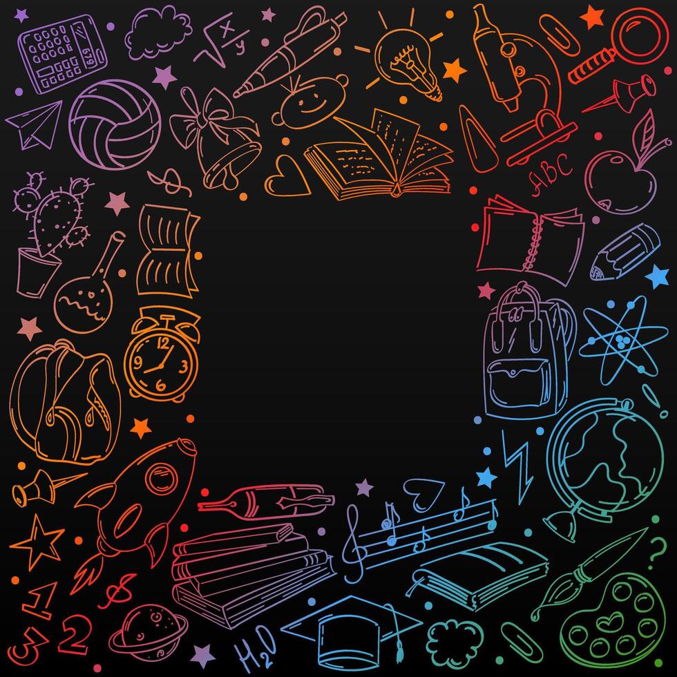 Back to school, a doodle style frame of school supplies. Square poster with hand drawn accessories and copy space. vector