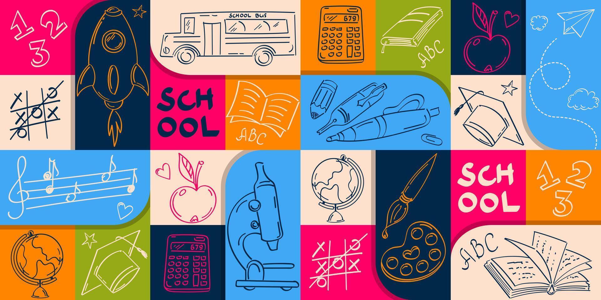 Geometric seamless pattern with doodle drawings on the theme of education. vector
