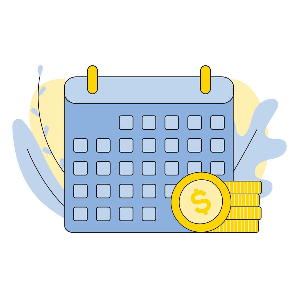 Calendar icon with coins illustration. Recurring pay and monthly payment day. Saving, investment in future or save money or open a bank deposit concept. Flat cartoon style objects vector