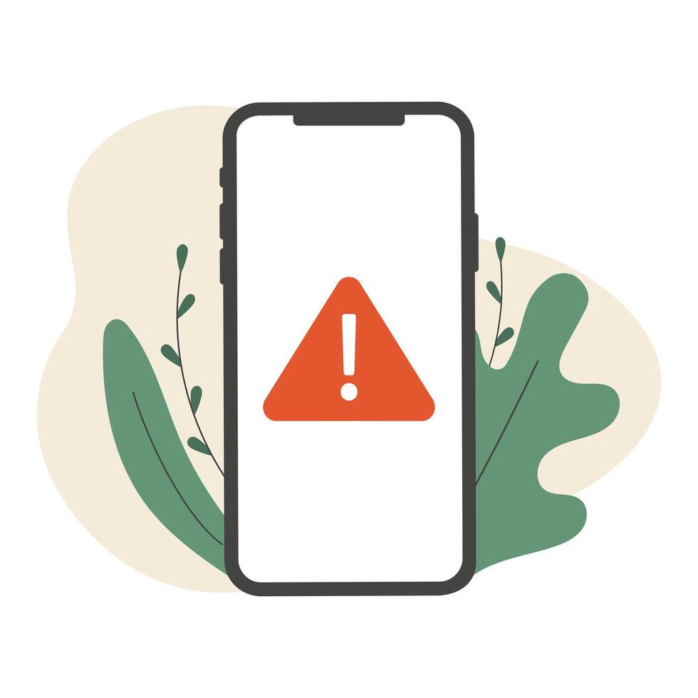 Alert, mobile phone notification, warning, virus, error, important message concepts. Smartphone with exclamation point on screen. Modern flat design. illustration vector