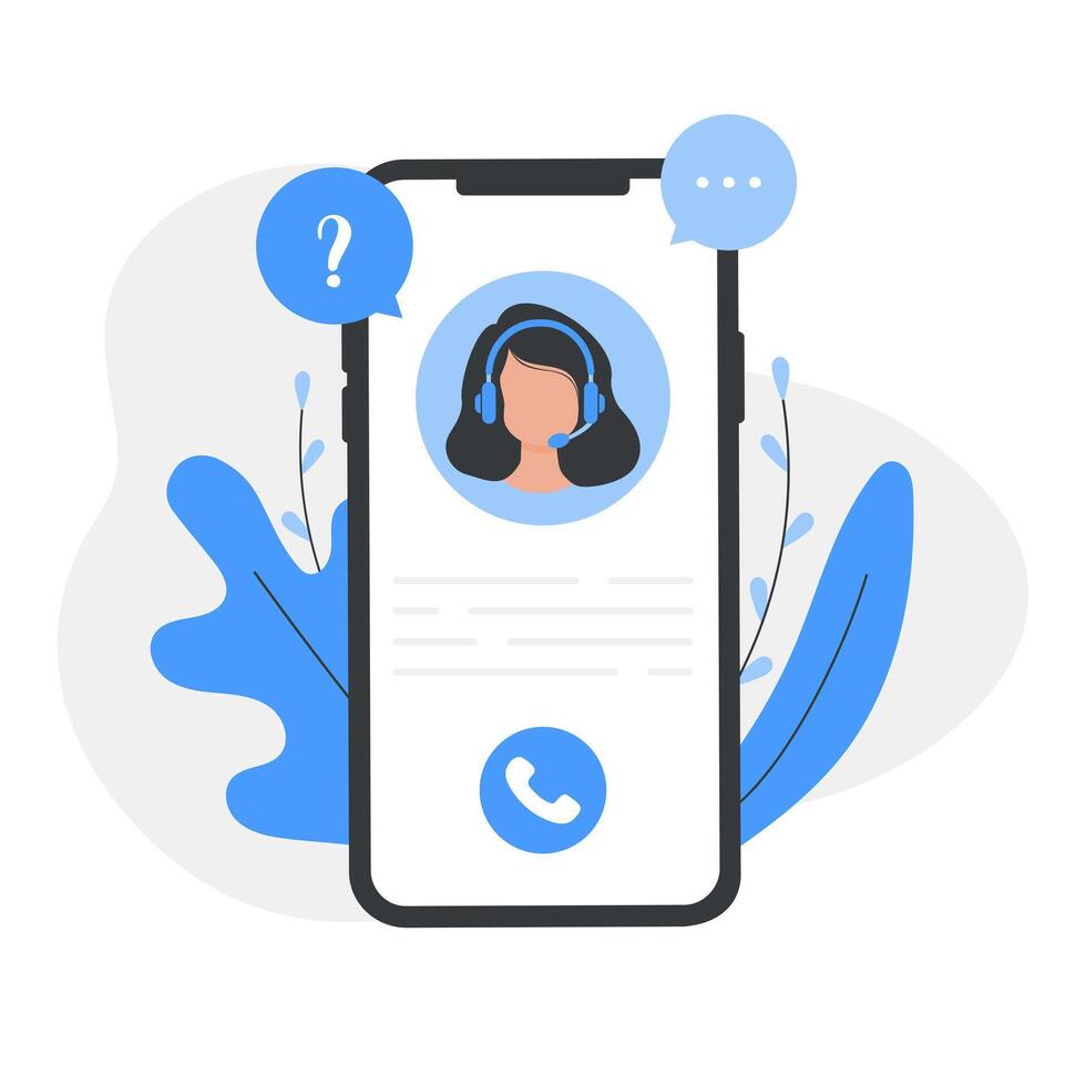 Customer service, operator woman with headphones and a microphone around icons support elements. Call center. Personal assistant service. Flat style illustration vector
