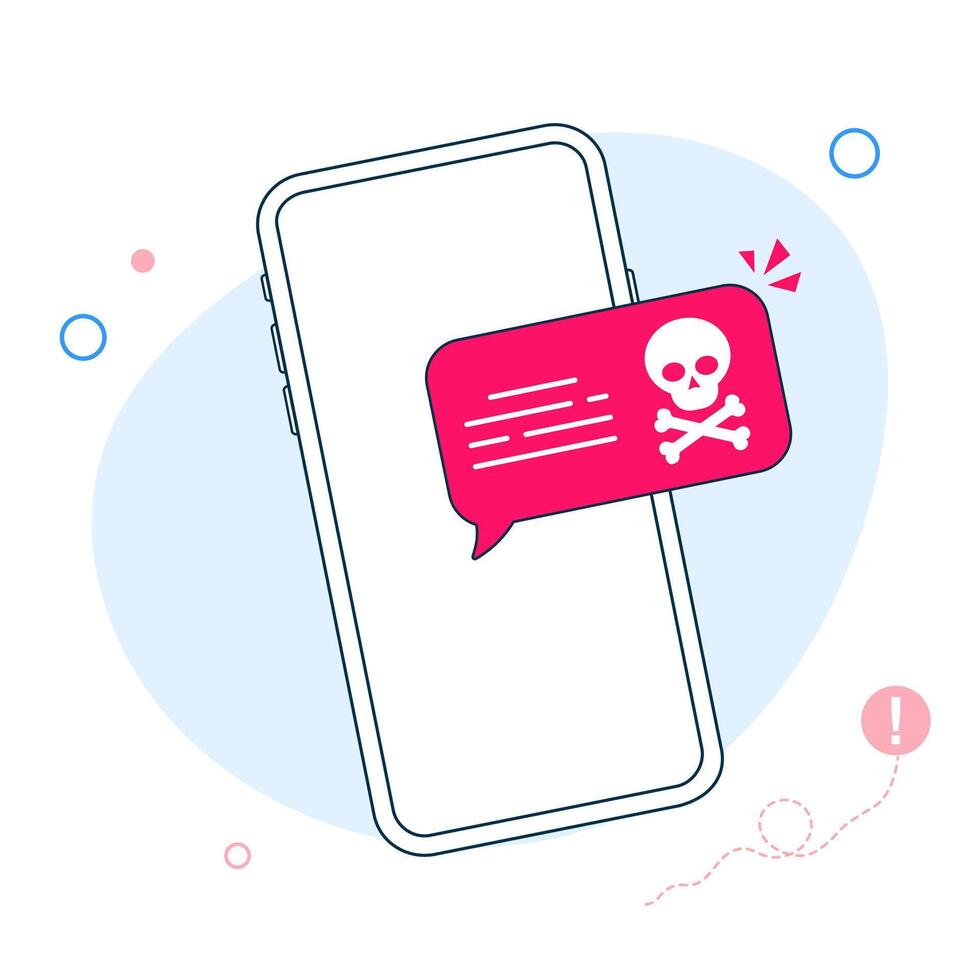 Smartphone with speech bubble and skull and bones on screen. Skull icon. Threats, mobile malware, spam messages, fraud, sms spam concepts. Modern flat design illustration vector