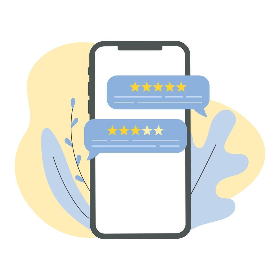 WebFeedback customers review on a phone screen. People evaluating product, service. Website rating feedback concept. Trendy flat illustration vector