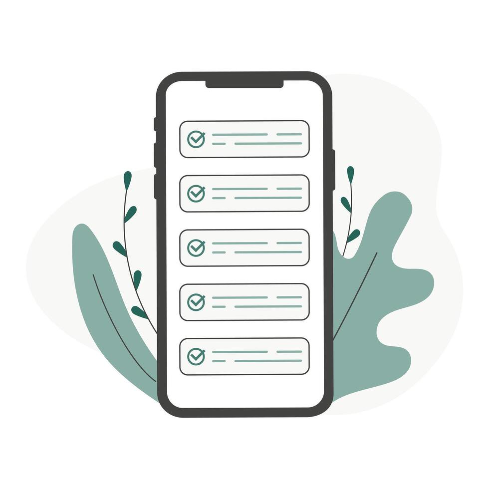 Mobile phone and checklist illustration, flat cartoon smartphone with list checkboxes, concept of survey, online quiz, completed things or done test, cellphone feedback vector