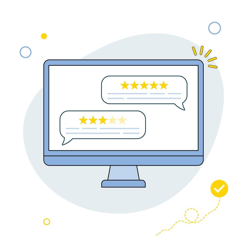 Customer reviews. User reviews bubble on computer. Feedback, experience concept. Online review notifications with star ratings. Flat style. illustration vector
