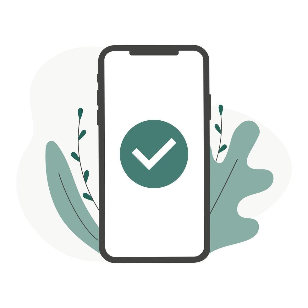 Smartphone and checkmark illustration, flat mobile phone approved tick notification, idea of successful update check mark, accepted, complete action on cellphone, yes or positive vote vector