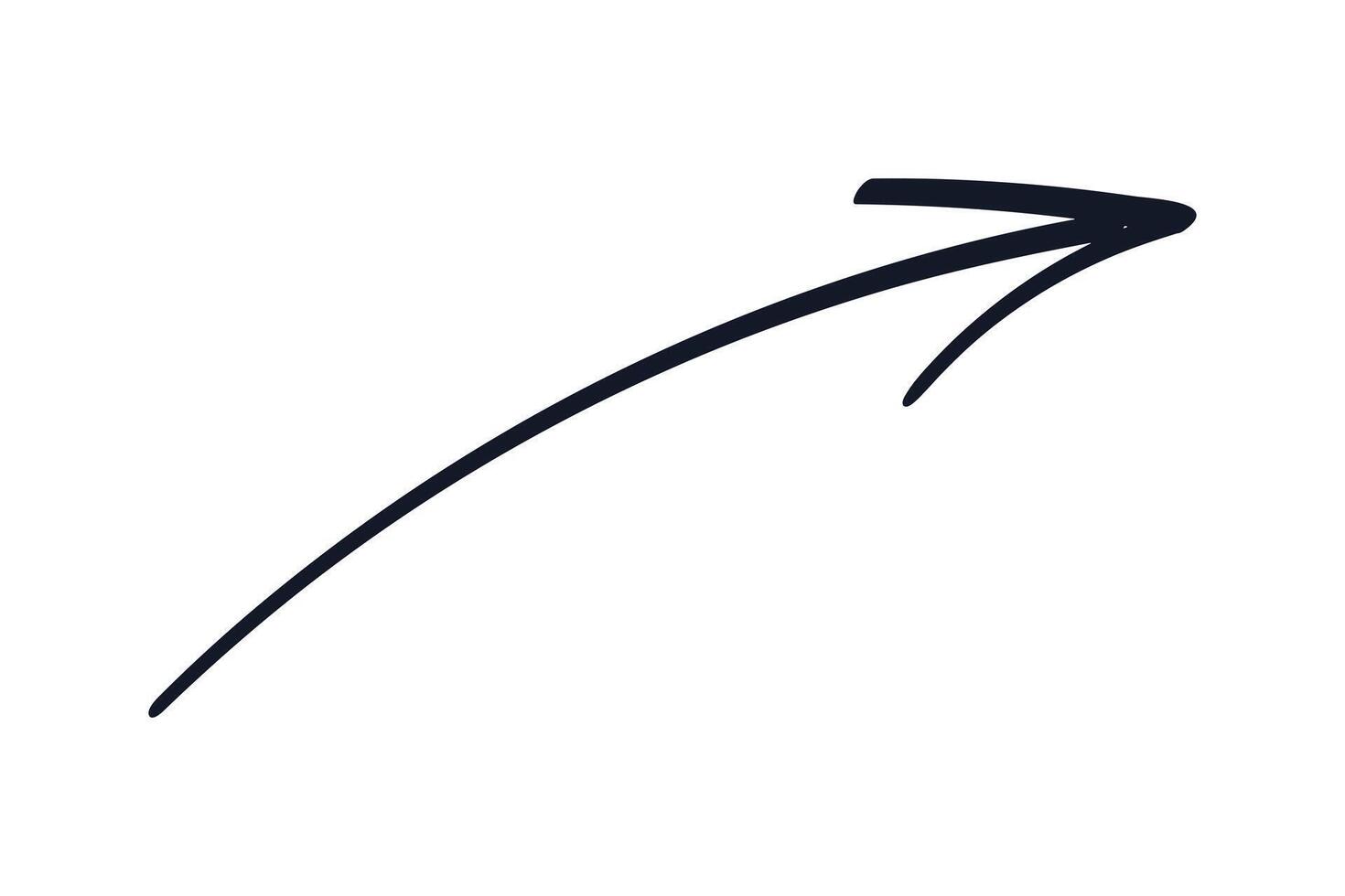 Hand drawn Arrow. Isolated curved black ink written to Right. Outline Direction diagonally. Linear Pointer for Navigation, infographics and instructions. Arrowhead. Simple sketch. illustration vector
