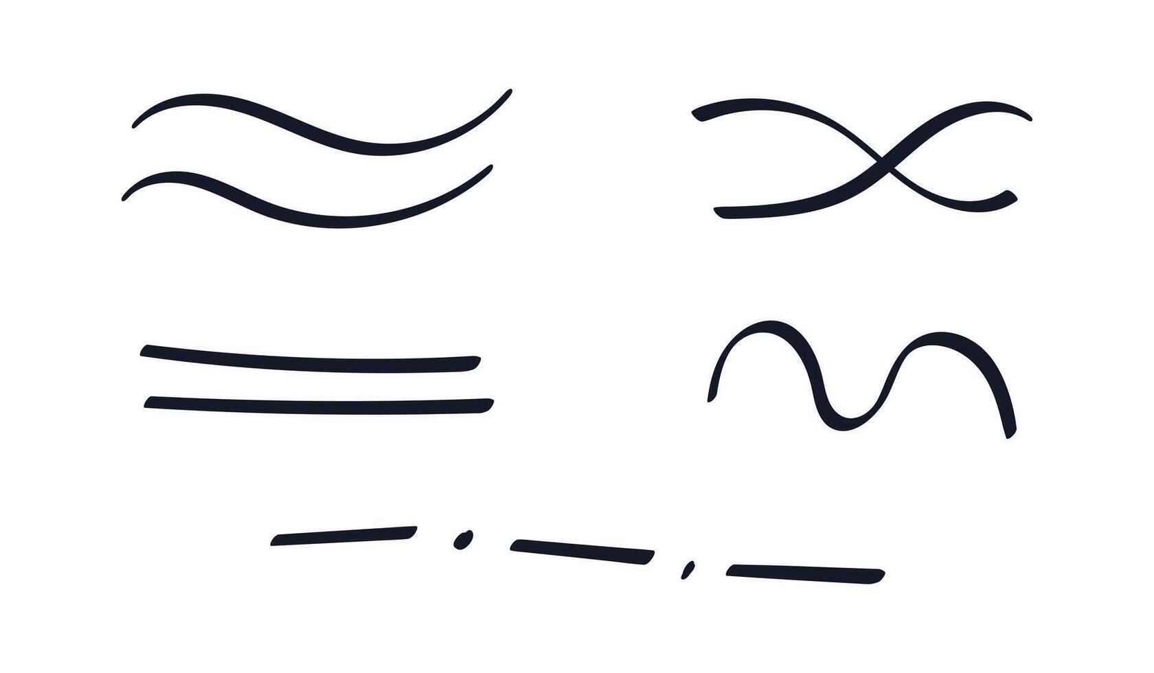 Set of Doodle different Lines. Hand drawn contour Waves, Dotted line. Collection of parallel Stripes, Curves in black ink, marker. Crossed lines. Simple Scribble elements, sketch. illustration vector