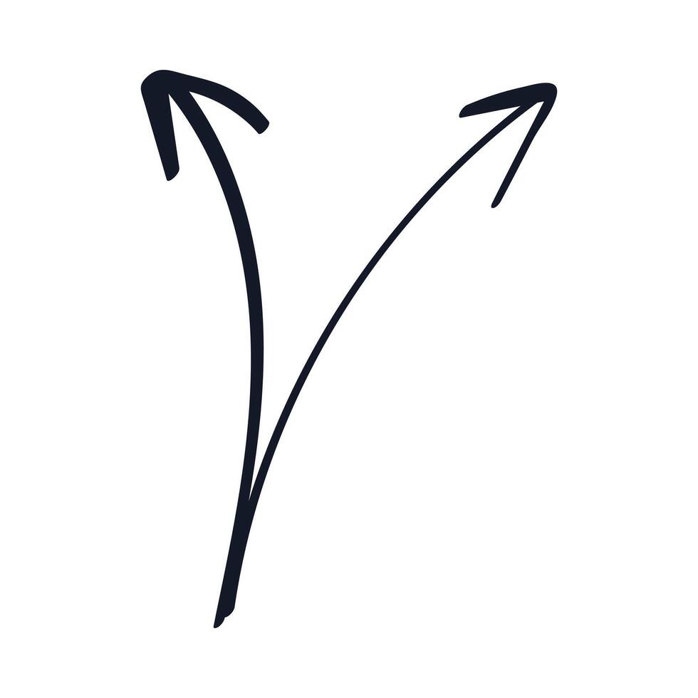 Double Arrow Doodle. Hand drawn outline Lines with left and right arrowheads. Directions, pointer. Diverging Curves written in black ink, marker. Simple Scribble elements, sketch. illustration vector