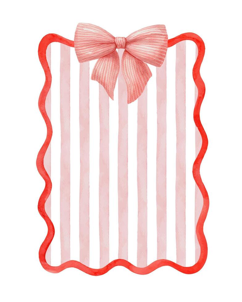 Wavy red frame with striped pink background and ribbon bow. Hand drawn watercolor abstract graphic template. Coquette style rectangle vertical poster. Perfect for summer card and holiday design. vector