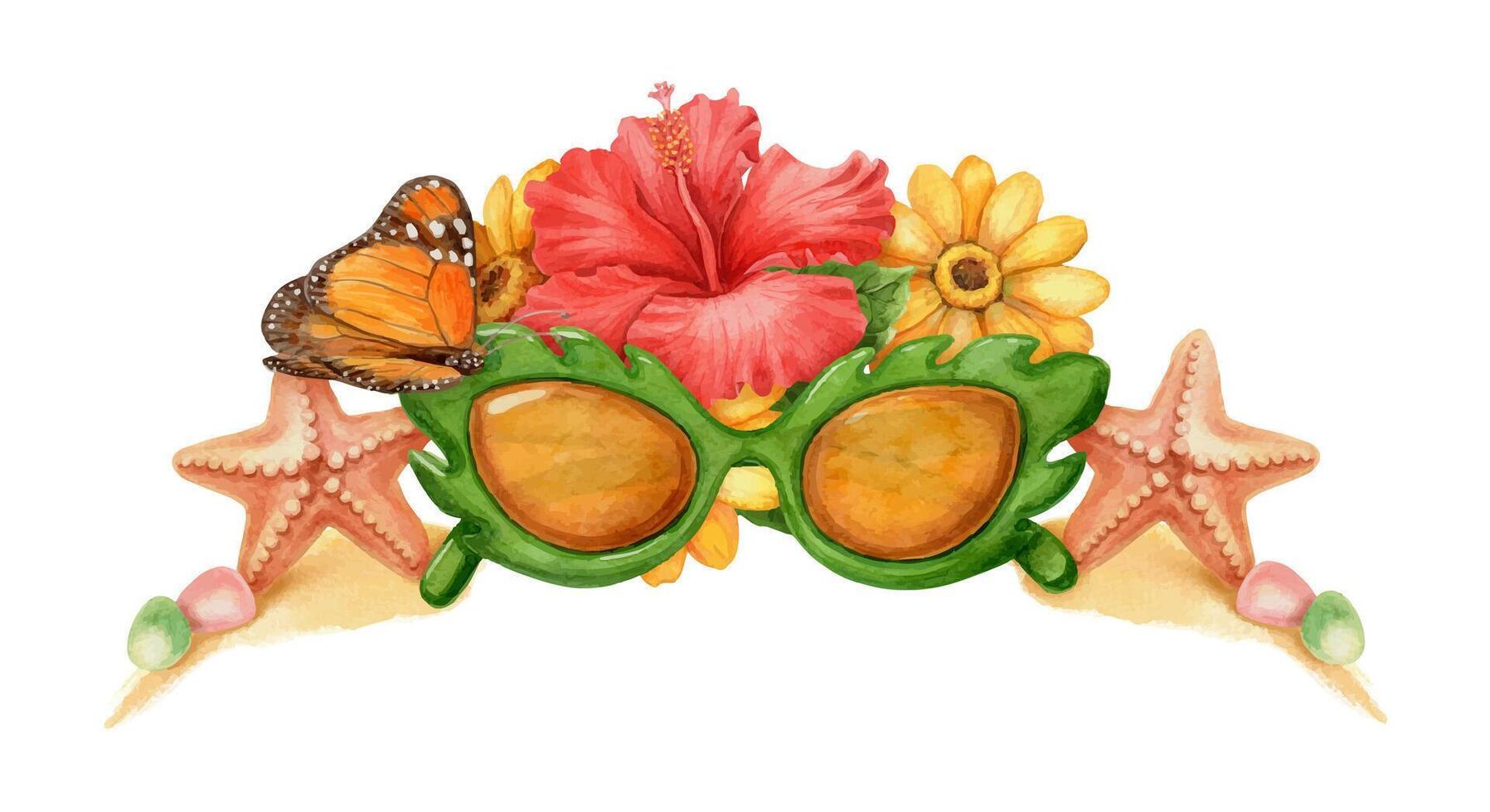 Sunglasses with Hibiscus and butterfly summer arrangement. Hand drawn watercolor artwork with leaf and starfish. Vacation vibe graphic element. Perfect for card template and holiday season design. vector