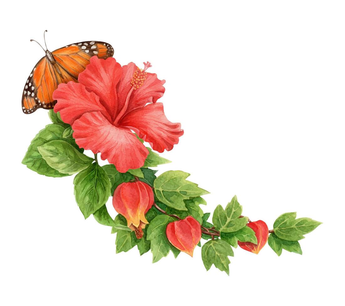 Hibiscus flower with abuchiron and Monarch butterfly summer arrangement. Hand drawn watercolor art with leaf. Vacation graphic element. Perfect for summer card template and holiday season design. vector