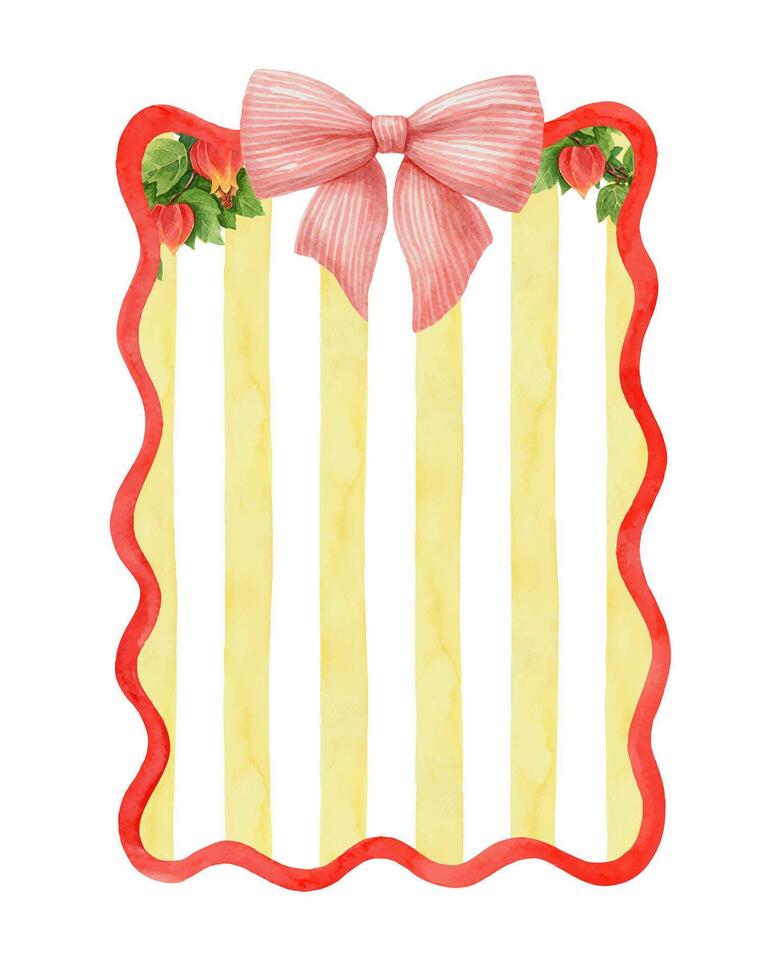 Wawy red frame with striped yellow background and bow. Hand drawn watercolor abstract graphic template. Coquette style rectangle vertical floral poster. Perfect for summer card and holiday design. vector