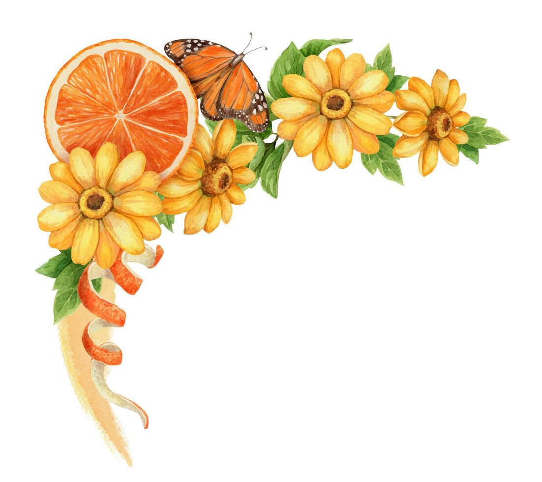 Helianthus yellow flower with orange and butterfly summer corner arrangement. Hand drawn watercolor botanical art. Floral graphic element perfect for botanical card template and holiday season design. vector