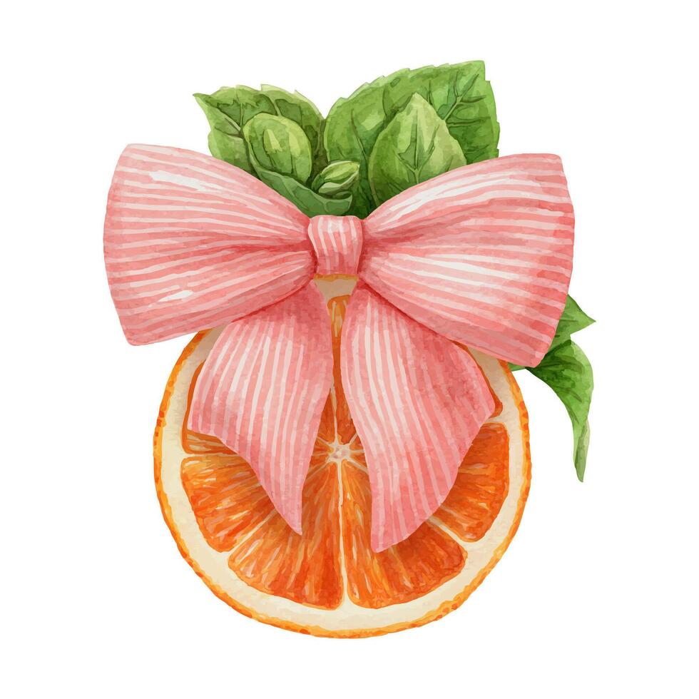 Orange slice with pink bow and leaf. Hand drawn watercolor food illustration of cute arrangement. Juicy citrus image with colorful realistic texture. Perfect for summer card template and menu design. vector