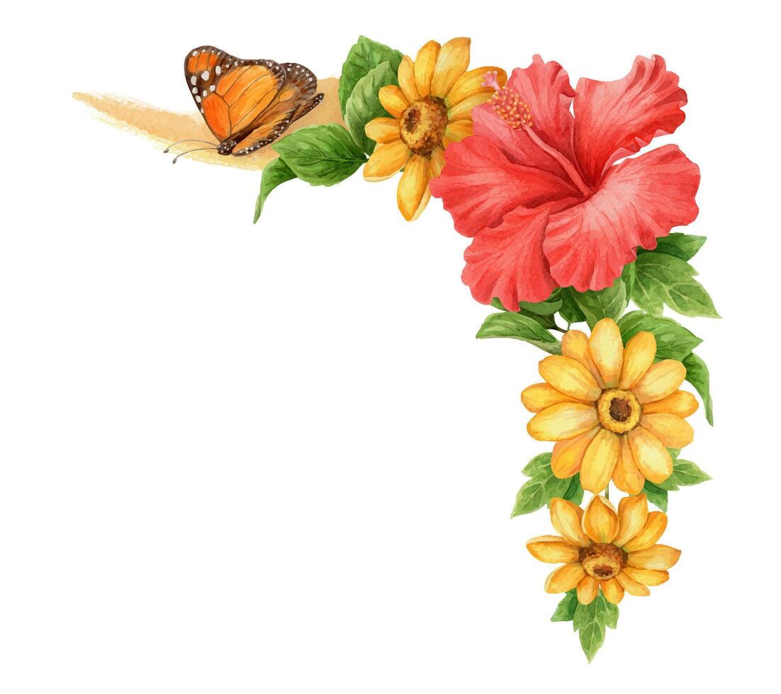 Red Hibiscus with yellow flower and butterfly summer corner arrangement. Hand drawn watercolor botanical art. Floral graphic element perfect for botanical card template and holiday season design. vector
