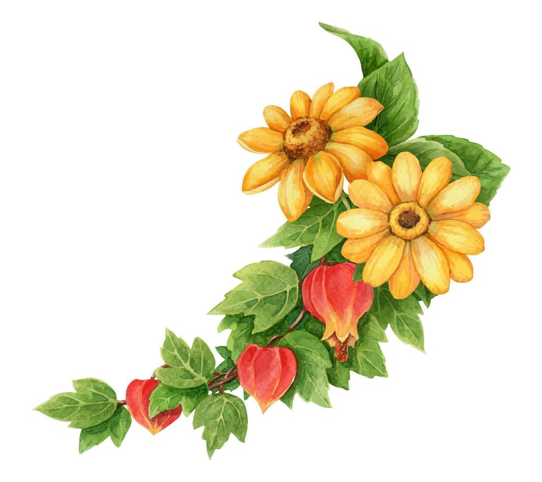 Abuchiron twig with yellow helianthus flower summer arrangement. Hand drawn watercolor botanical art. Vacation vibe graphic element. Perfect for vibrant card template and holiday season design. vector