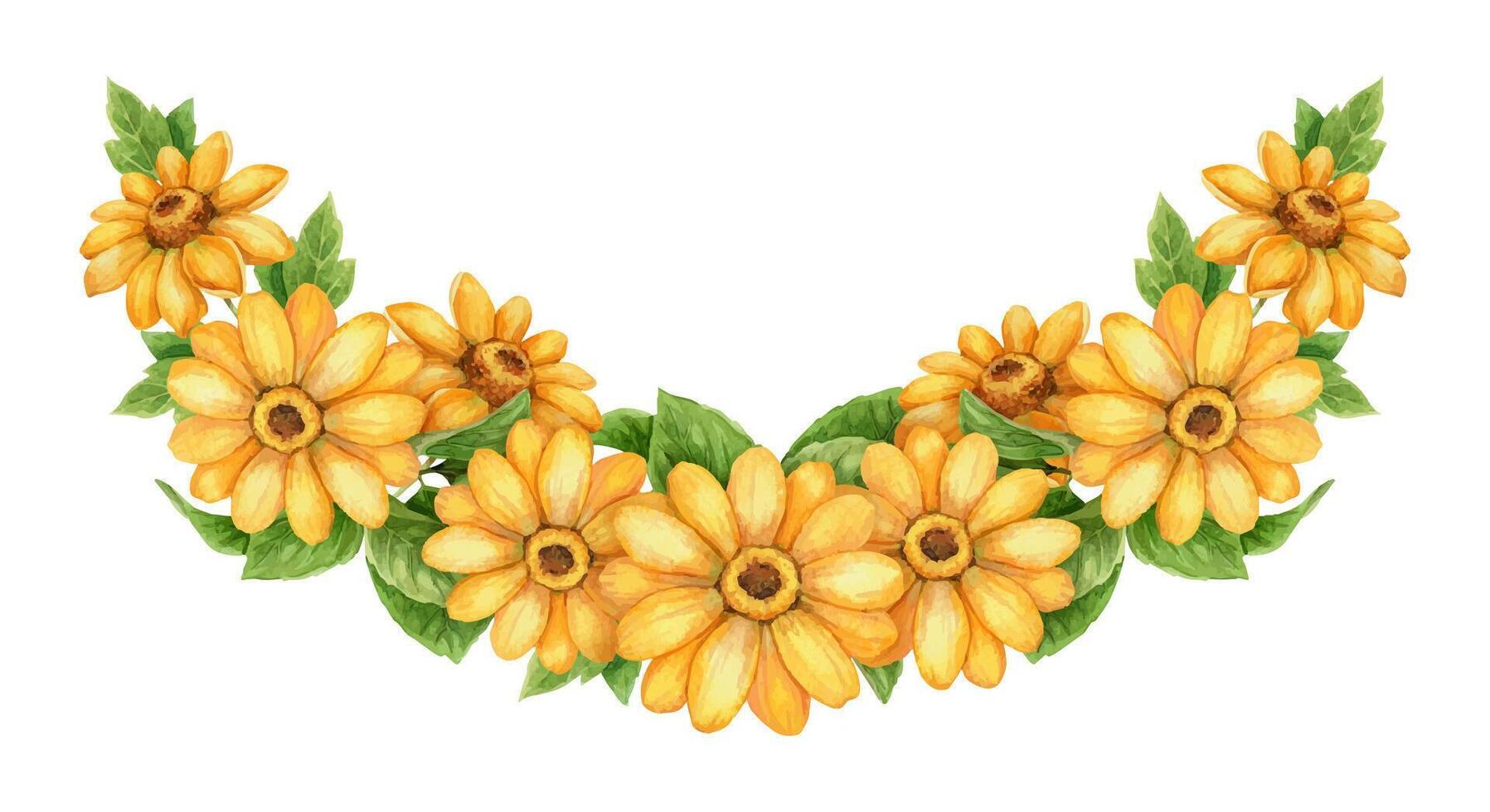 Yellow sunny flower small bouquet wide arrangement. Hand drawn watercolor art with floral and green leaf. Vacation vibe graphic element. Perfect for summer card template and holiday season design. vector