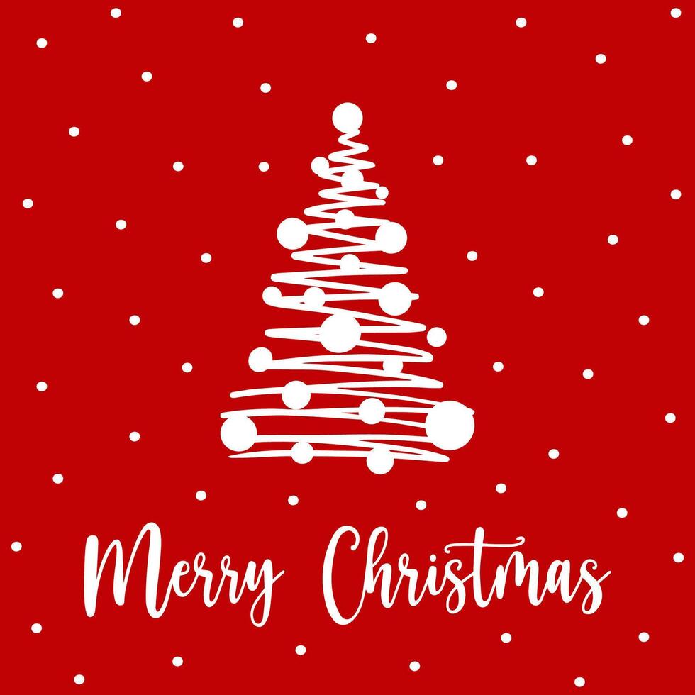 Xmas tree in doodle style for greeting card. Hand drawn fir tree with festive swirls and ornaments on red background. Concept fun and modern Xmas greeting card to send Merry Christmas wishes. vector