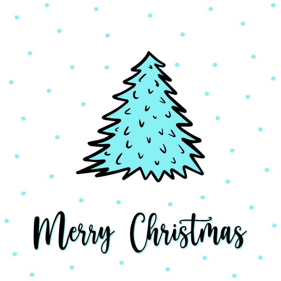 Christmas postcard with hand-drawn doodle tree and snowfall. Cute blue tree with festive typography. Concept winter holiday greeting, cheerful christmas postcard, minimalistic christmas postcard. vector