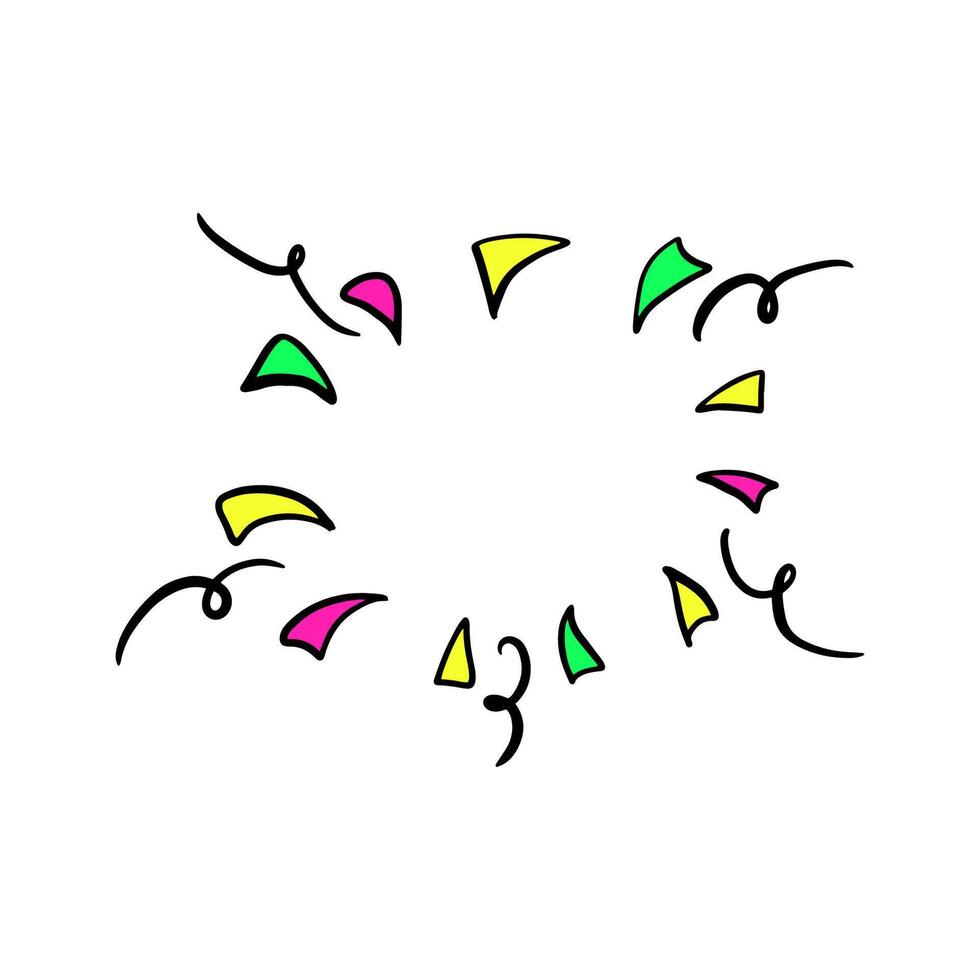 Party popper confetti in doodle style. Scribble confetti isolated. Use confetti for explosion, firecracker, celebration. Hand drawn confetti with swirls, twirls, thin, bold line ink art. Party popper vector